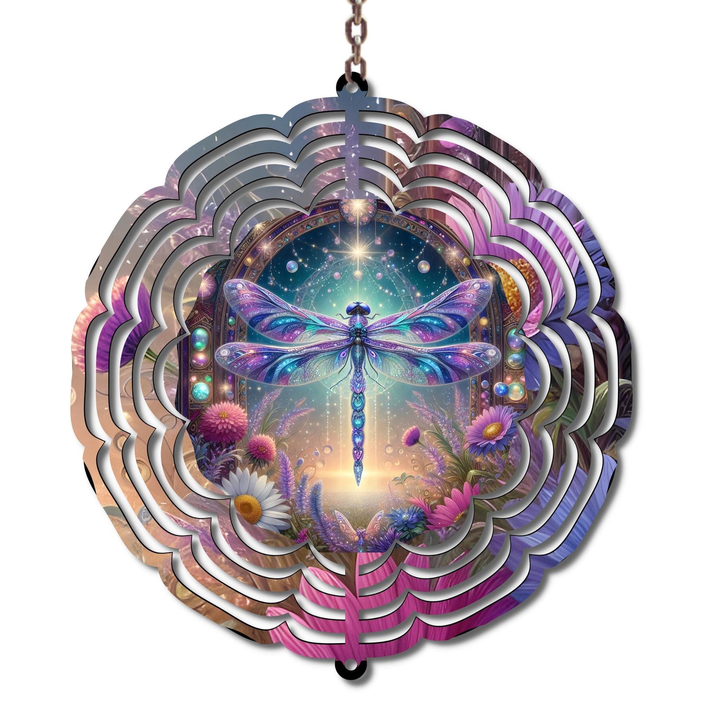 Dragonfly Wind Spinner, Spiritual Garden Decor, Celestial Floral Art