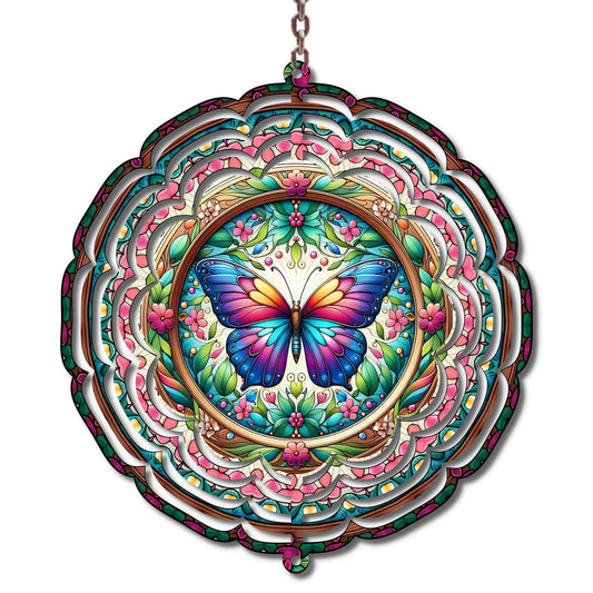 Butterfly Wind Spinner, Colorful Floral Garden Decor, Boho Outdoor Hanging Art