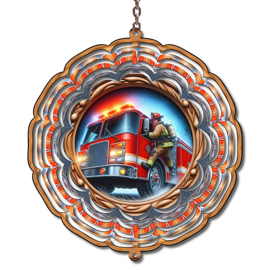 Firefighter Wind Spinner, Fire Truck Garden Decor, Aluminum Metal Art