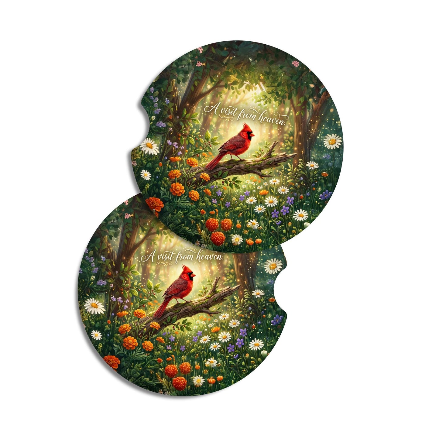 Cardinal Memorial Car Coasters | Woodland Floral Garden Scene | Sympathy Remembrance Gift