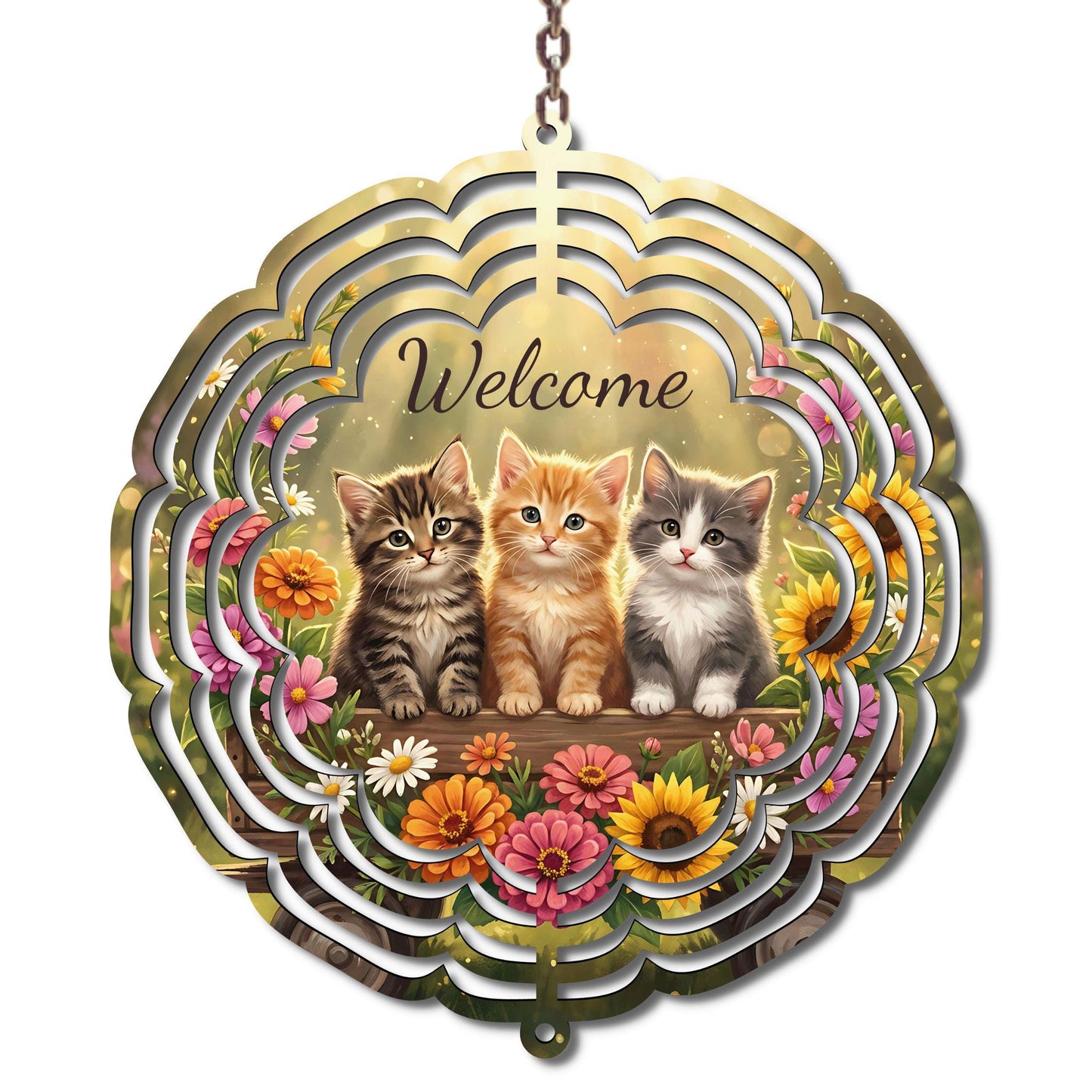 Kitten Welcome Wind Spinner: Three Kittens, Floral Garden Decor, Outdoor Metal Art